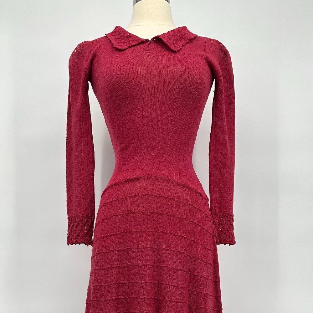 Vintage 1930s Cranberry Red Rare Rayon Blend Knit Maxi Dress